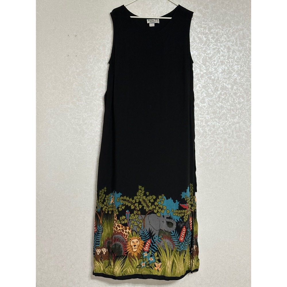 Cactus Flower Safari Animal Border Print Rayon Sleeveless Maxi Dress Black XL